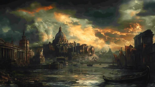 Stormlit ruined canal city with distant domed citadel.