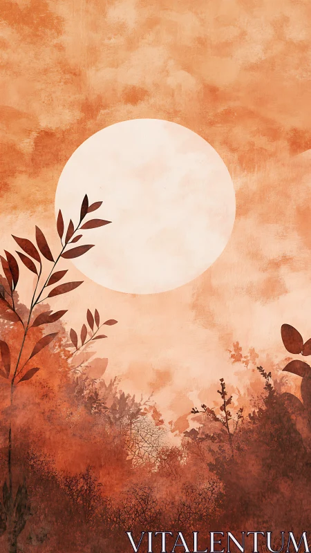 Burnt sienna sunset over stylized foliage silhouettes.