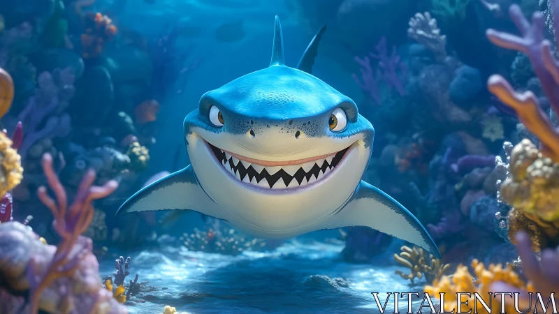 Cartoon shark swimming in colorful coral reef environment.