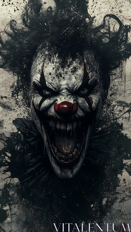 Snarling demonic clown portrait erupts from splattered darkness