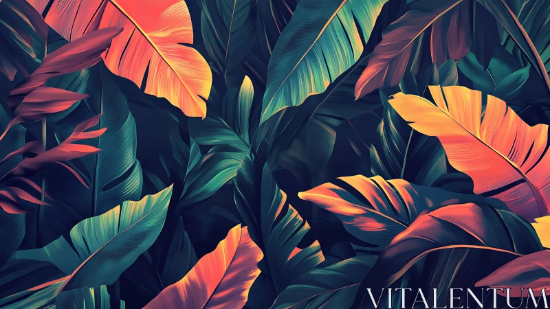 Tropical banana leaves overlap in vivid digital gradients