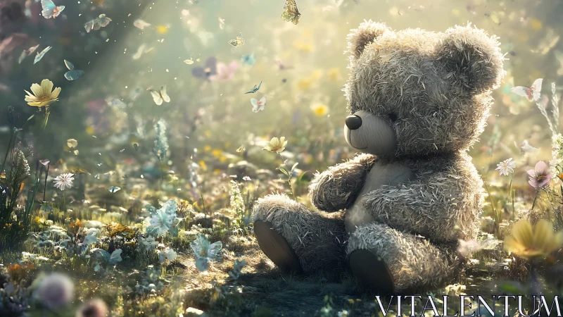 Soft teddy bear rests in a dreamy meadow of light and butterflies