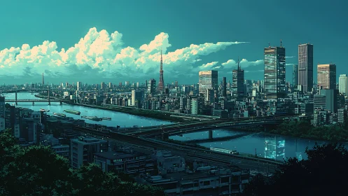 High-rise riverfront cityscape under teal evening sky.