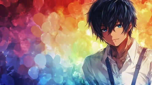 Young anime man against soft rainbow abstract bokeh.