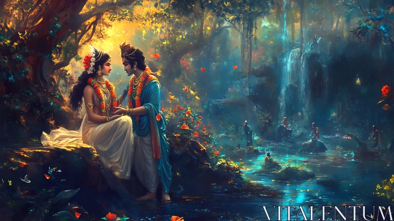 Mythic couple sits by luminous forest river at dusk