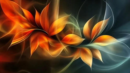 Fiery abstract petals arc through dark luminous space.
