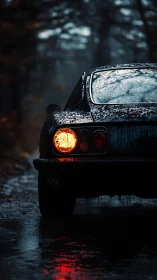 Rain-soaked classic car waiting on a quiet forest road.