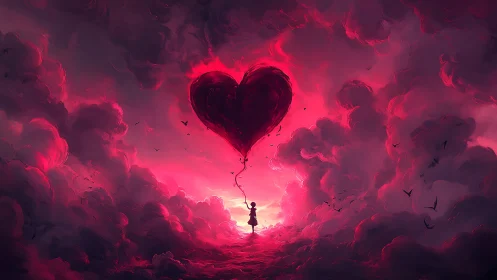 Silhouetted figure holds heart-shaped balloon in luminous magenta cloud formation.