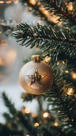 Gold star ornament on evergreen Christmas tree branch.