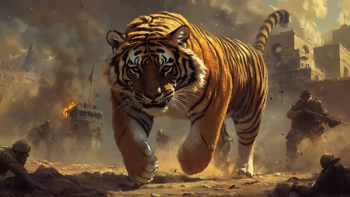 Giant war-torn tiger strides through burning urban battlefield