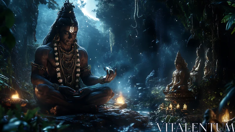 Midnight forest deity cradles starlight beside sacred river