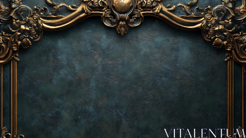 Baroque bronze frame detailing against oxidized teal wall.
