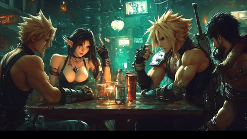 Candlelit tavern gathering unites four cyber fantasy heroes