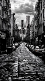 Monochrome cobblestone street leads toward looming city towers.