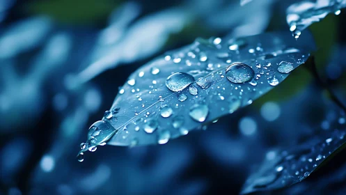 Raindrops rest on cool blue leaves in tranquil closeup