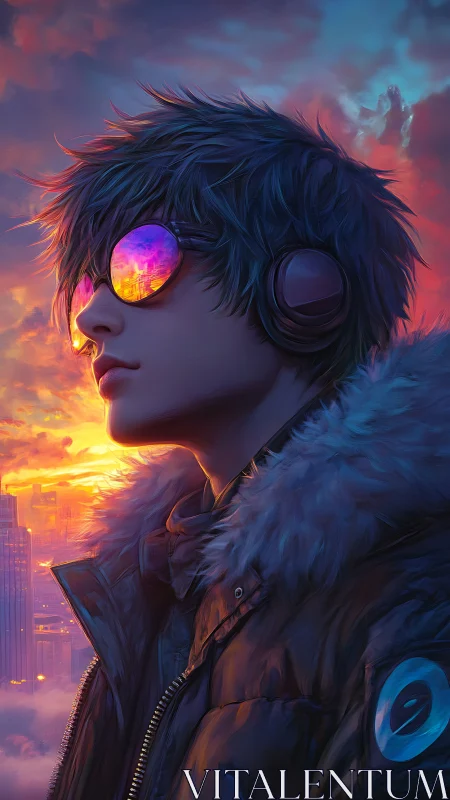 Cyberpunk dreamer views neon city at blazing sunset sky.
