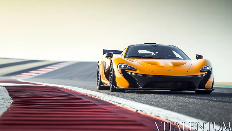 Orange hybrid supercar on apex of modern racing circuit