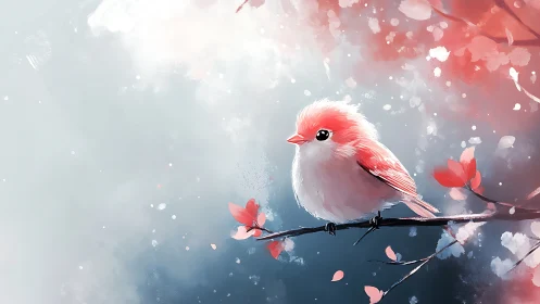 Cute Pink Bird on Branch in Dreamy Watercolor Illustration.