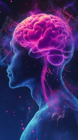 Human head profile with glowing neural brain rendering