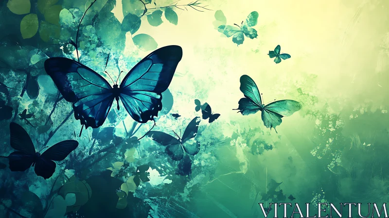 Dreamlike teal butterflies drift through glowing forest sky.