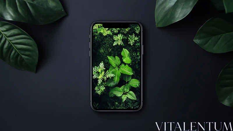 Pocket jungle portal framed by sleek midnight glass.