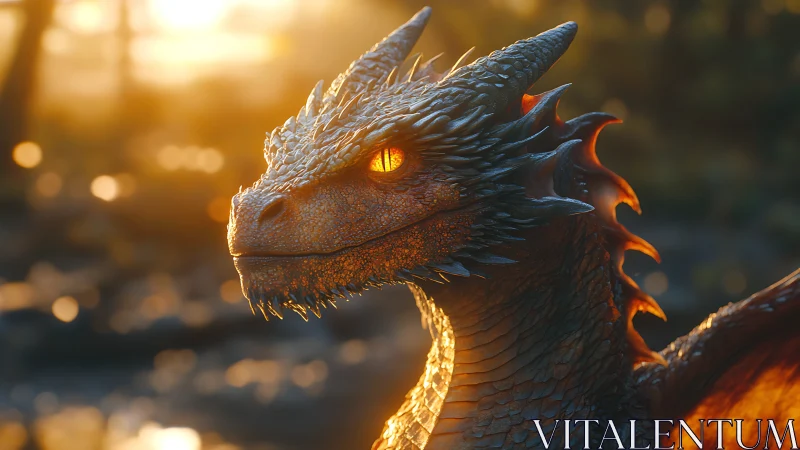 Fiery eyed dragon head in golden sunset backlight.
