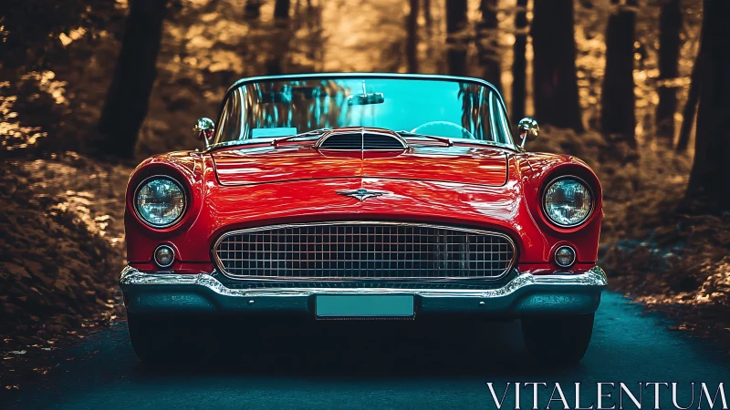 Crimson classic convertible glows like wildfire in autumn woods.