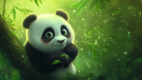 Soft-lit stylized panda cub rendered with high-depth 3D foliage