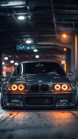 Midnight tuner prowls beneath neon-tinted tunnel lights