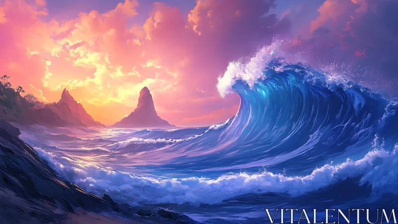 Glowing sunset wave curling toward peaceful island cliffs.