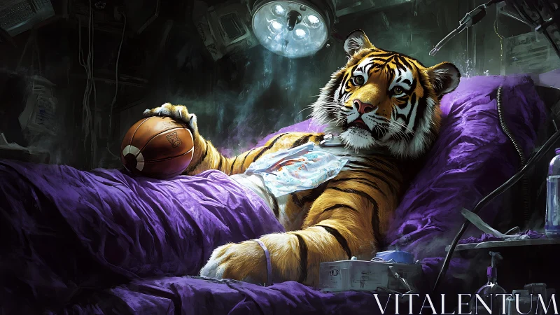 Tiger lies in medical bed holding basketball in dim clinic