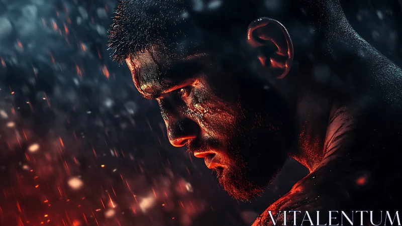 Warrior profile burns against rain-soaked neon storm.