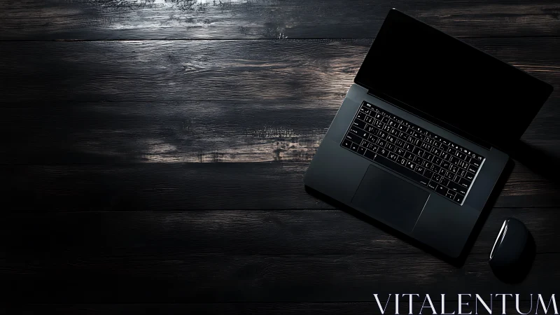 Open black laptop and mouse sit on dark wooden desk surface