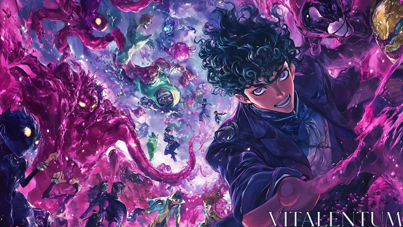 Dynamic anime hero amidst chaotic neon monster onslaught.