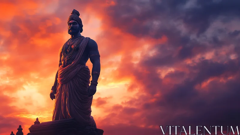 Colossal warrior statue silhouette under vivid storm sunset