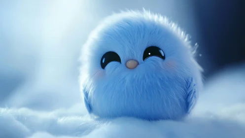 Snow-cloud puffball bird smiles in a dreamy blue glow.