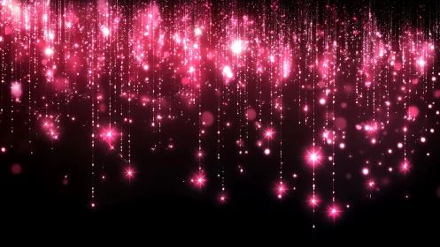 Sparkling Pink Light Strings on Dark Background, Digital Art.