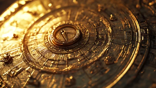 Golden celestial compass glows across engraved radial disk