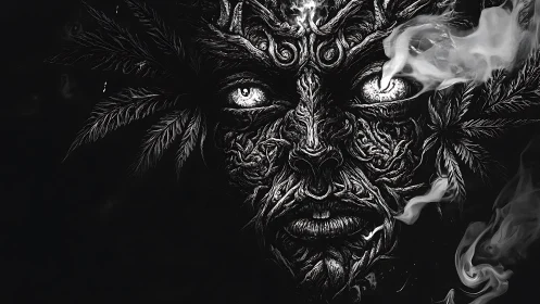 Monochrome vegetal face emerges from darkness in dense smoke