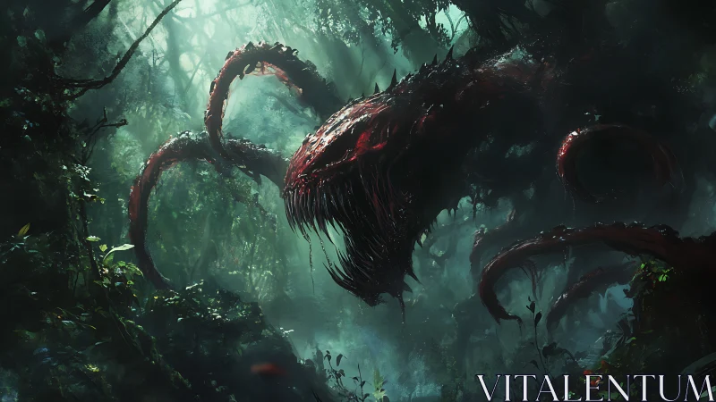 Haunting jungle leviathan curls through misty emerald shadows