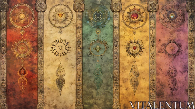 Esoteric mandala columns with alchemical sun and moon sigils.
