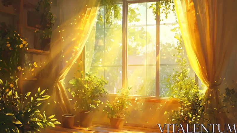 Sunlit window with indoor plants and golden curtains.