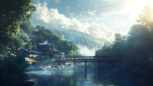 Morning mist over riverside bridge and quiet forest village.