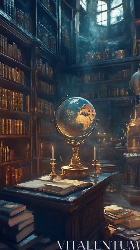 Globe stands on wooden desk in dense, dim library