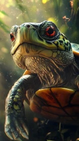 Radiant forest turtle gazes warmly through glowing sunlight