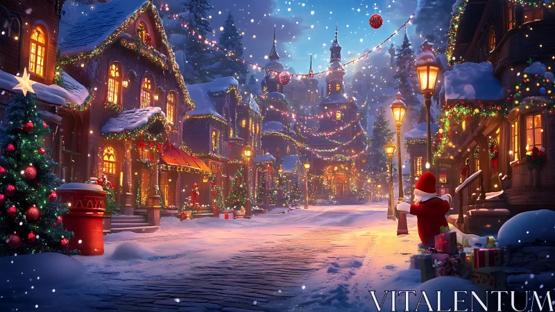Snowy Christmas village street with lights and Santa figure.