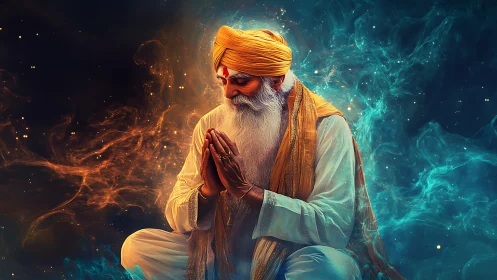 Mystic elder in cosmic meditation amid fire and mist.