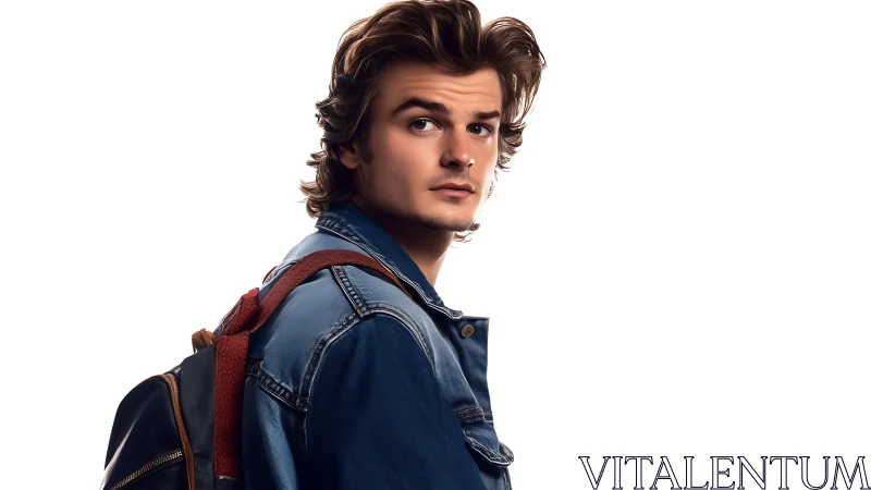 Youthful male portrait in denim jacket with backpack, rim lit