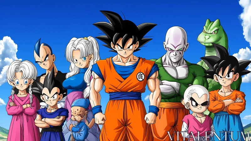 Anime warriors stand united under clear blue sky