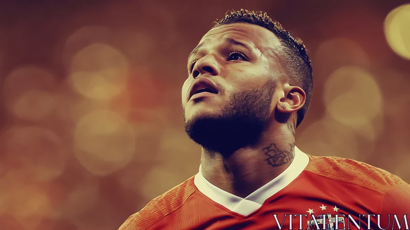 Focused footballer gazes upward under warm stadium lights.